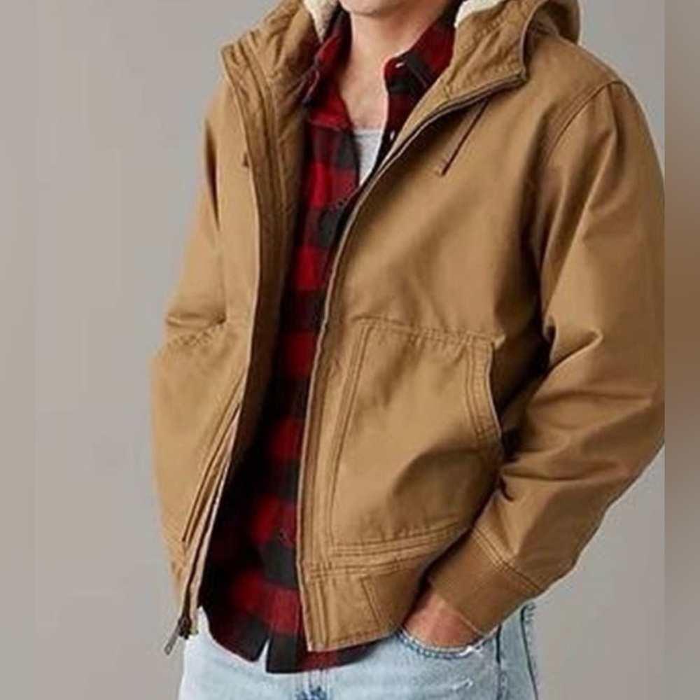 L.O.G.G. (H&M)Brown/Khaki Canvas Quilted Hooded Winter Coat•Sherpa Hoodie•Size L